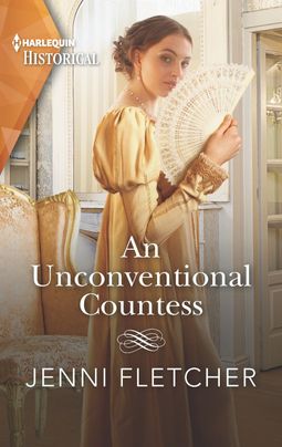 Historical romance book cover with a woman standing in profile looking a the viewer. She wears a Regency period yellow gown and holds an open white fan. An elegantly decorated room is seen behind her.