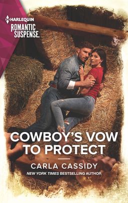 Romantic suspense cover of a couple seen from above. They are casually dressed and lying on hay bales in a barn. He holds the woman protectively and they look anxiously into the distance.