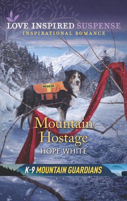 Love Inspired Suspense cover with a rescue dog standing in a remote snowy location with mountains behind. The dog wears an orange rescue vest and there's a piece of red cloth on a bare tree branch in the foreground.