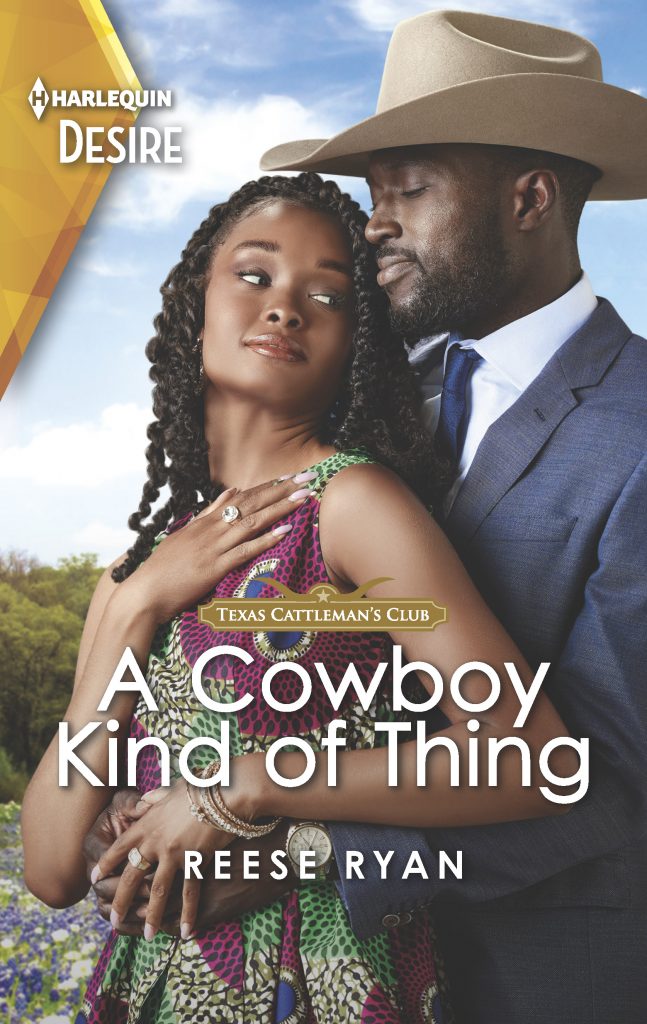 Cover of A Cowboy Kind of Thing by Reese Ryan. A man embraces a woman from behind while she looks over her shoulder. She wears a beautiful patterned dress and he wears a blue suit and a cowboy hat.