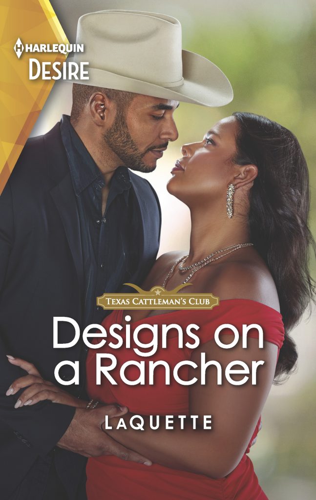 Cover of Designs on a Rancher by LaQuette, featuring a Black couple in an embrace. The woman has long hair and a red evening gown, and the man is wearing a dark suit and a cowboy hat.