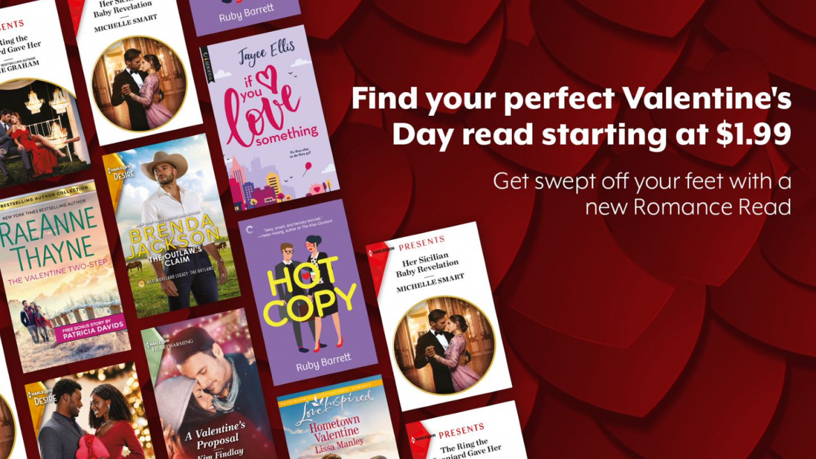 Valentine's Day Promo featuring a diverse selection of recent Harlequin publications.