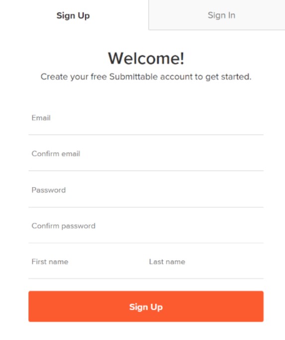 Screen capture Submittable form to create account