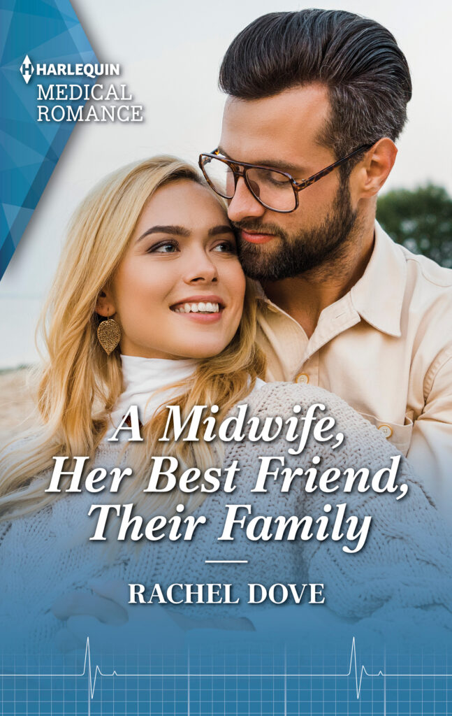 A book cover. A man with dark hair and large, dark framed glasses holds onto a woman with long, blonde hair and a white turtleneck.  Text reads A Midwife, Her Best Friend, Their Family along the bottom. 