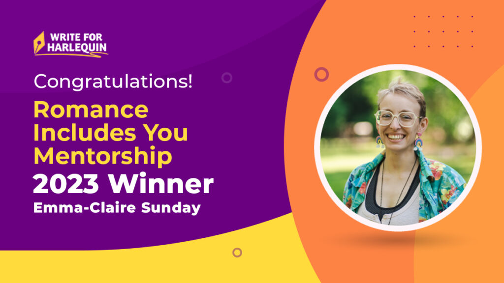 A purple, yellow, and orange graphic with an author photo in a white lined circle. Text reads "Congratulations! Romance Includes You Mentorship 2023 Winner Emma-Claire Sunday"