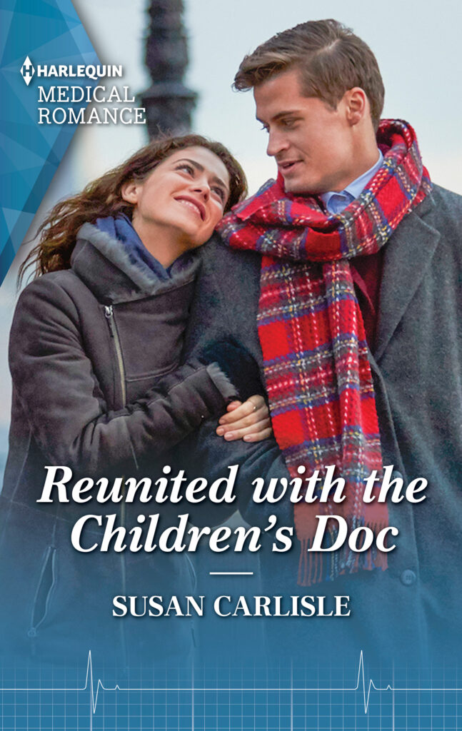 A Book Cover. A woman with long, dark hair holds onto a man's arm while looking lovingly up at him.  Text reads Reunited with the Children's Doc