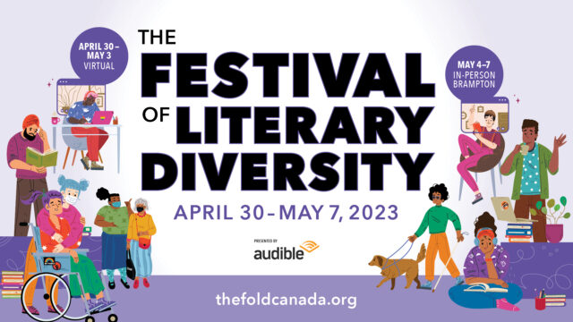 A large group of diverse illustrated characters which surround text which reads 'The Festival of Literary Diversity: April 30-May 7 2023' on a gradient purple background.