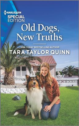 A book cover. A woman with long blond hair is kneeling with her arm around a Collie dog. They are on the grass in front and a white house. The text at the top reads "Old Dogs, New Truths."
