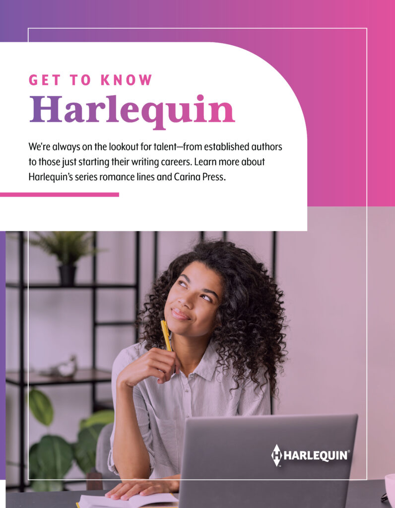 A woman sitting in front of a laptop looks off frame dreamily.  Above her head reads "Get to know Harlequin"