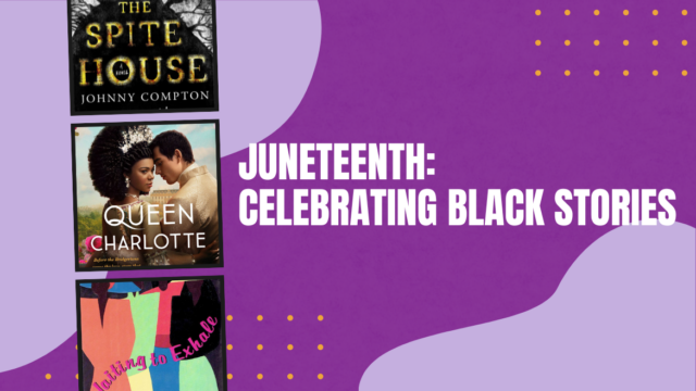 A purple graphic which features cover art for Queen Charlotte, The Spite House, and Waiting to Exhale which reads 