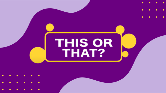 A purple graphic which reads This or That in the center, surrounded by yellow circles