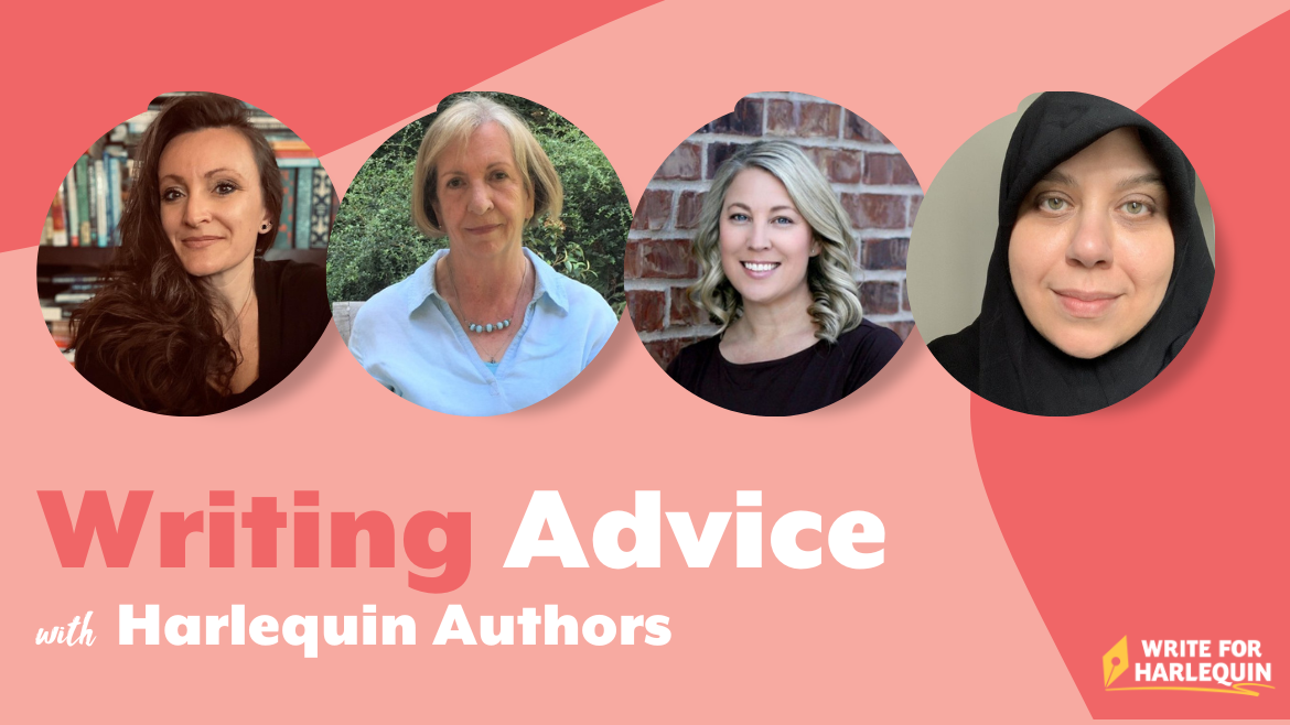 Four author photos in circles are on a pink background above text which reads Writing Advice with Harlequin Authors