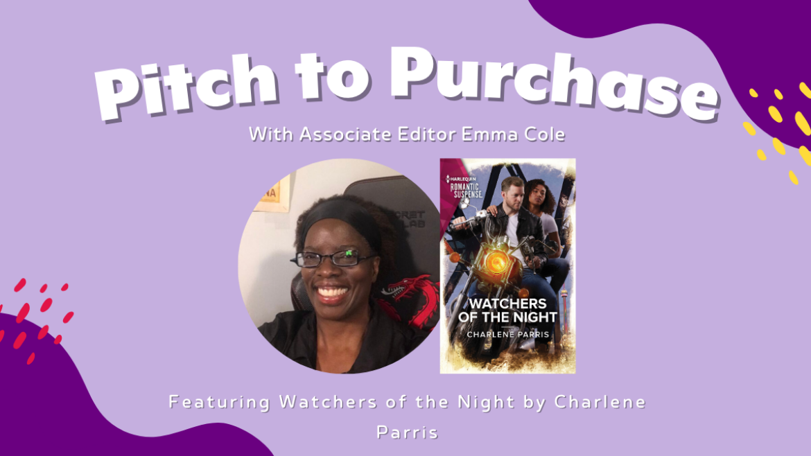A purple graphic which reads Pitch to Purchase and features an author photo and the cover of Watchers of the Night