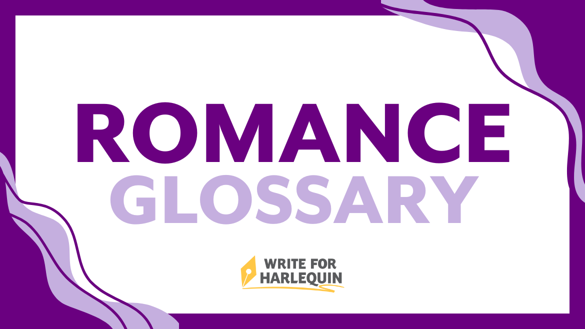 A white graphic with purple corner designs which reads Romance Glossary