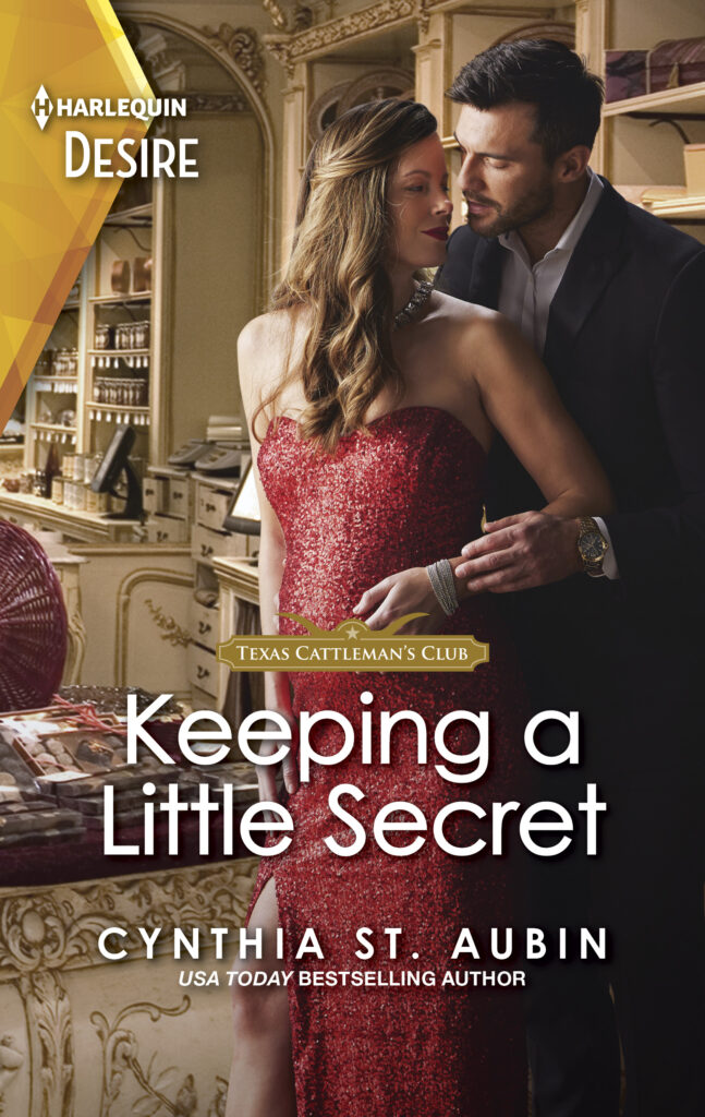 Book cover for Keeping a Little Secret with a good looking couple stealing a secret moment in an elegant room.