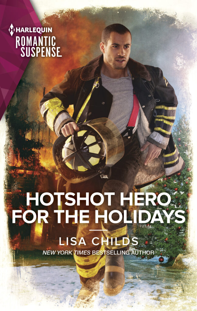 Book cover for Hotshot Hero for the Holidays with a jandsome firefighter running to an emergency.