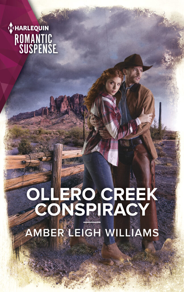 Book cover for Ollero Creek Conspiracy with a watchful cowboy and woman standing close in a ranch setting, looking as if they are in danger.