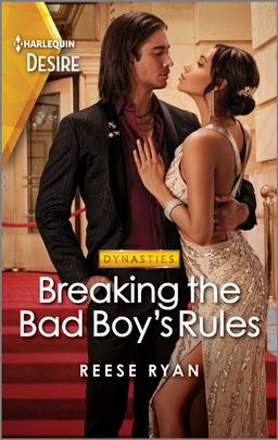 Book cover for Breaking the Bad Boy's Rules showing a well-dressed couple embracing and looking intently at each other, he in a suit and she in a sparkling down.  
