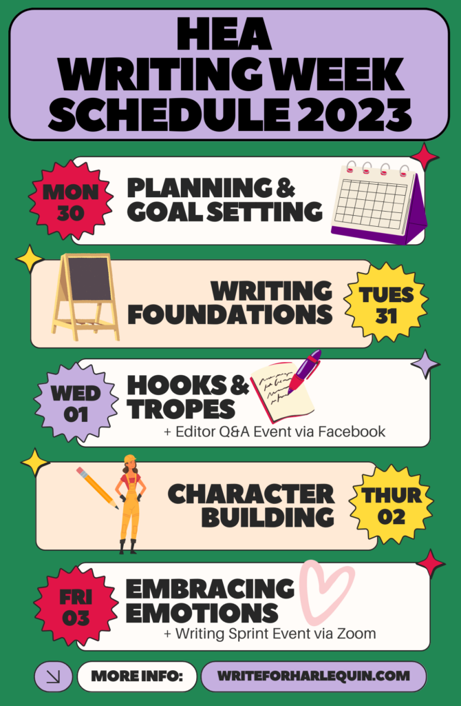 HEA Writing Week Schedule 2023:Monday: Planning and Goal SettingTuesday: Writing FoundationsWednesday: Hooks & TropesThursday: Character BuildingFriday: Embracing Emotions