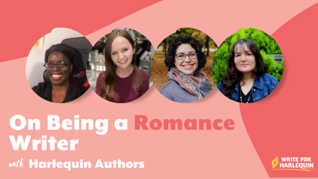 A pink graphic with a line of four author photos with the caption, On being a Romance Writer with Harlequin Authors