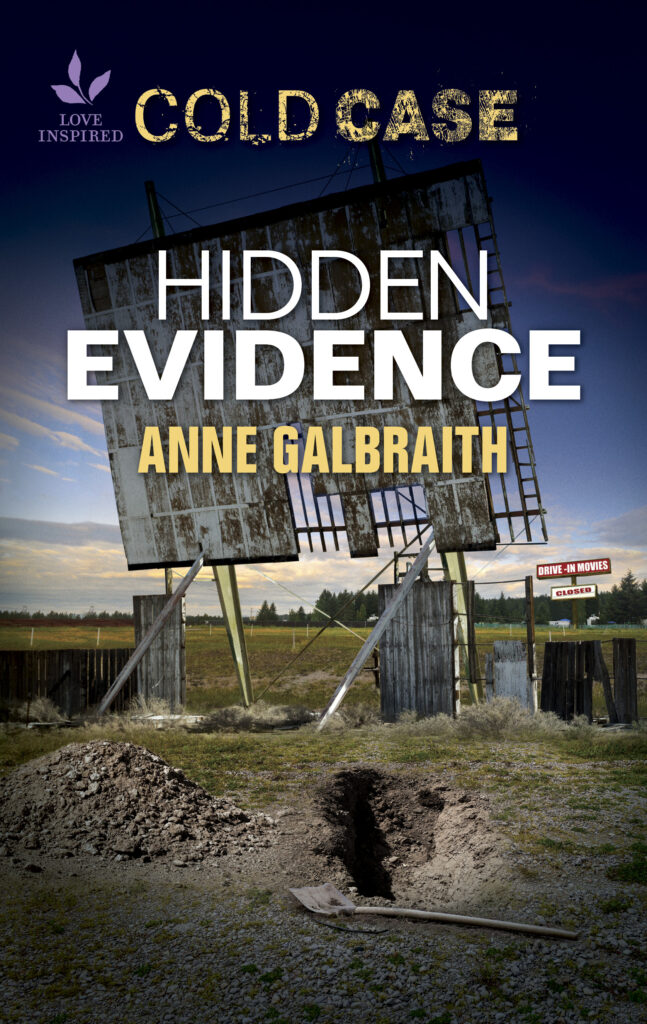 Book cover for Hidden Evidence showing a dilapidated drive-in movie entrance in half-darkness as the setting.