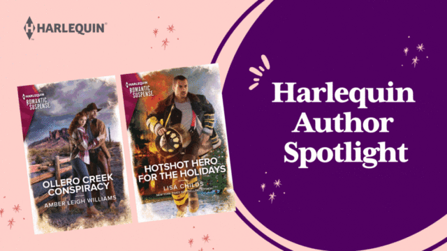 A pink and purple graphic with alternating book covers from Harlequin series, which reads Harlequin author spotlight