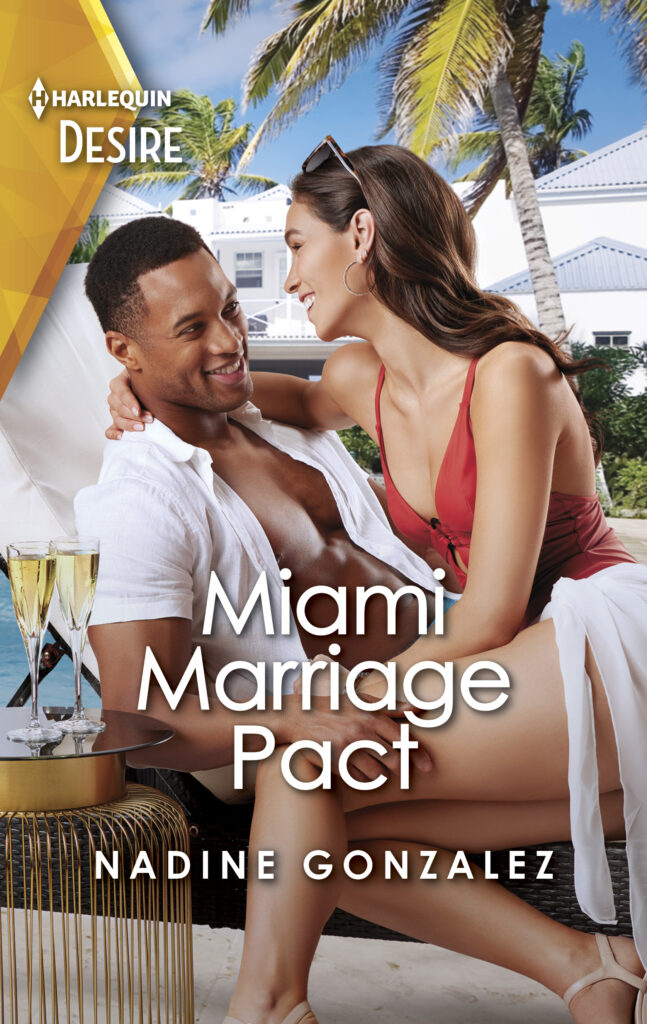 Miami Marriage Pact cover with a happy man and woman in swimsuits seated in a pool lounger with palm trees in background