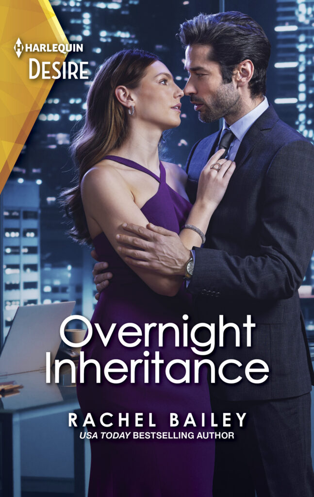 Elegantly dressed woman in a purple sleeveless gown and man in a suit embrace in a nighttime office setting with skyscrapers in the background