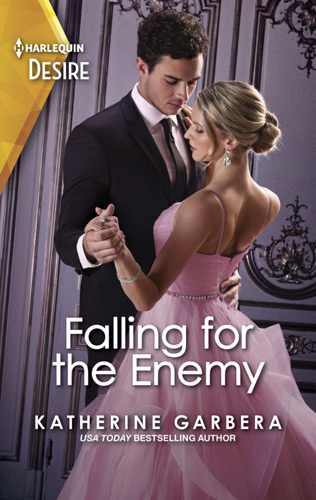 Falling for the Enemy cover with a dark-haired man in a suit dancing with an elegant blond woman in a pink Cinderella-like gown