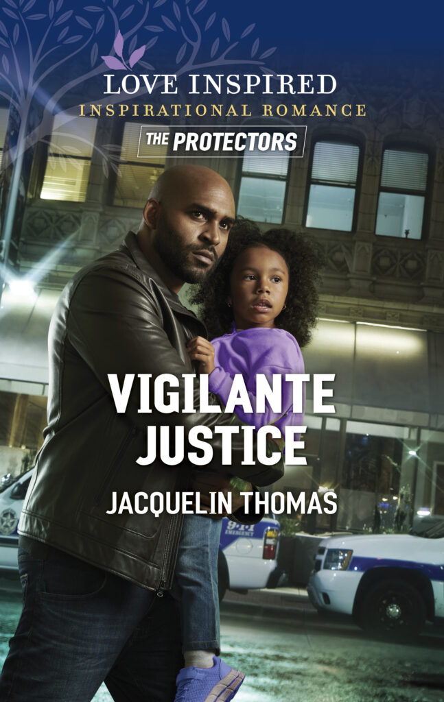 Vigilante Justice cover with a man in a leather jacket holding a young girl in his arms to protect her with police cars in the background.
