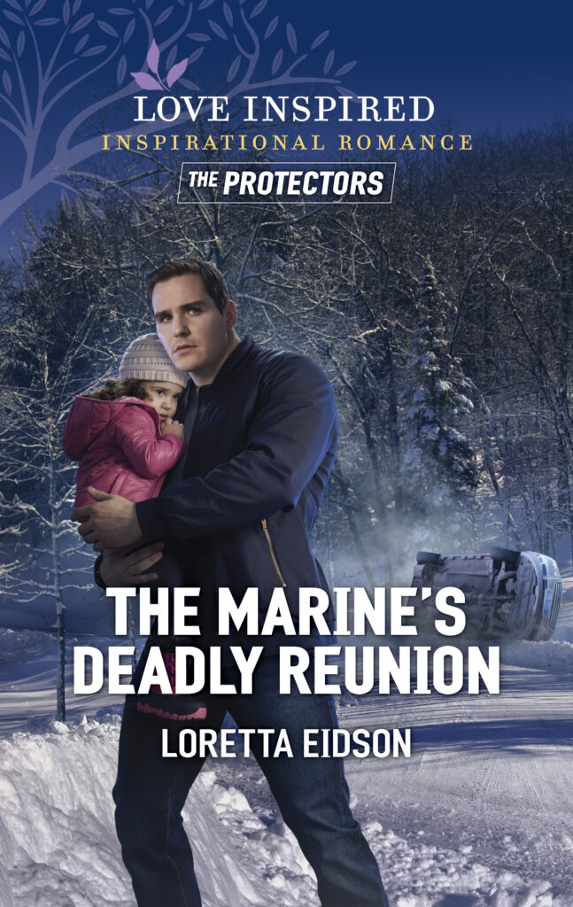 Cover for The Marine's Deadly Reunion with a man in a suspenseful winter setting holding a young child close in his arms with a rolled car in the background 