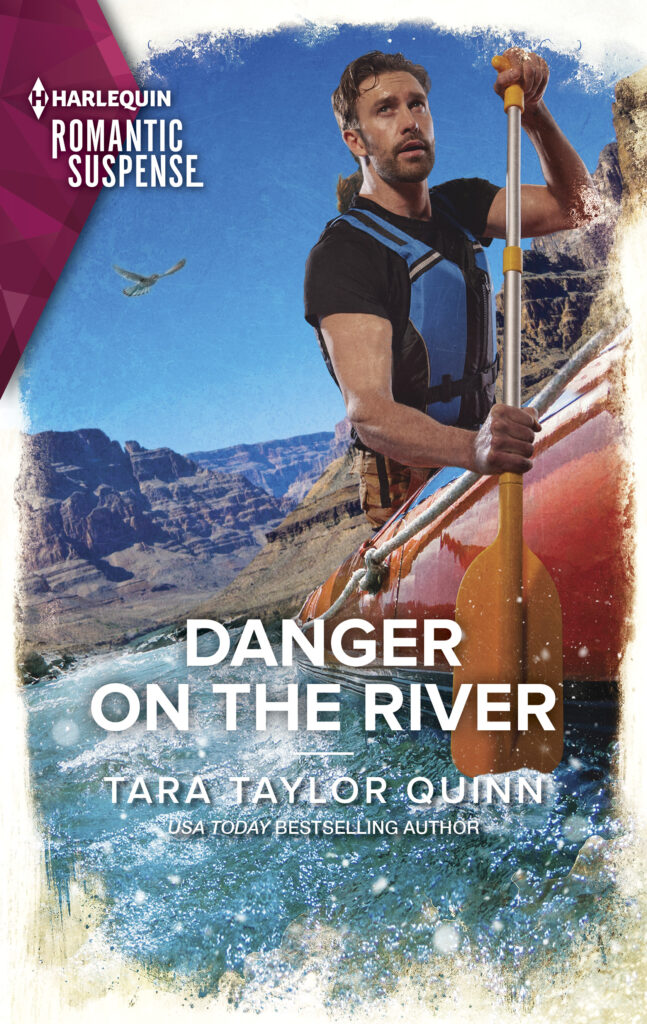 Danger On The River cover with a man paddling a kayak on a fast-moving river with high cliffs in the background