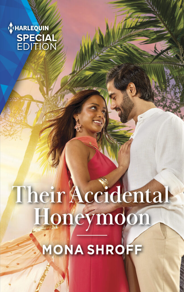 Their Accidental Honeymoon cover with a young woman wearing a red dress, gold bangles and gold-edged dupatta in a soft embrace with a man in a linen shirt with palm trees in the background