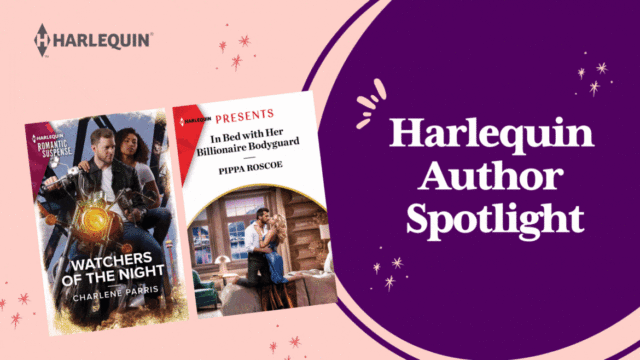 A pink and purple graphic with alternating harlequin series covers. The right side of the image reads Harlequin Author Spotlight