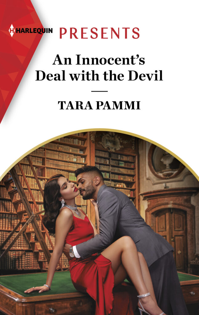 Cover for An Innocent's Deal with the Devil by Tara Pammi. A glamorous woman in a red dress reclines on a pool table with a suited man embracing her, in the library of a mansion.