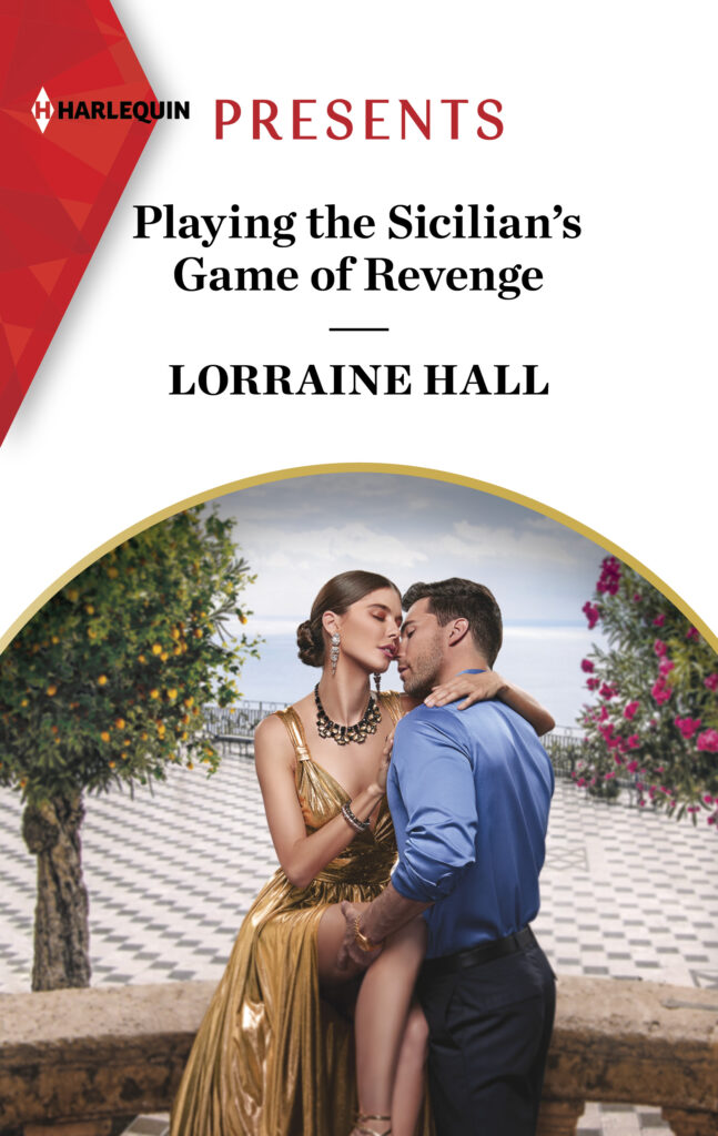 Cover for Playing the Sicilian's Game of Revenge by Lorraine Hall. A woman in a gold gown sits on a garden wall being held by a man in a blue dress shirt, with orange groves and ocean views in the background