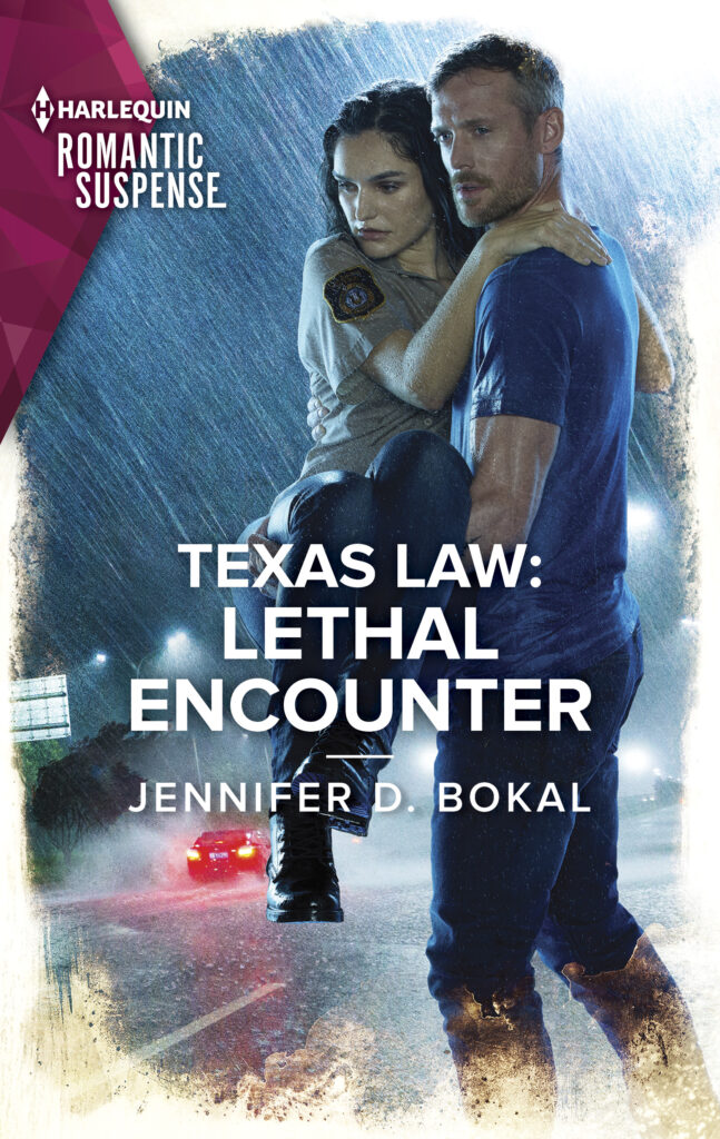 cover for Texas Law: Lethal Encounter by Jennifer D Bokal. A man carries a woman beside a rainy roadside with car brake lights in the background.