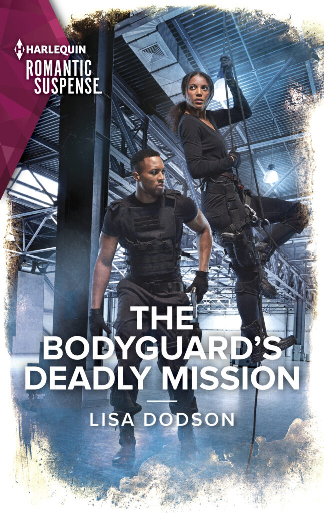 Cover for The Bodyguard's Deadly Mission by Lisa Dodson. A man in a flack vest with a drawn gun is next to a woman dressed in black rappelling from a warehouse ceiling.