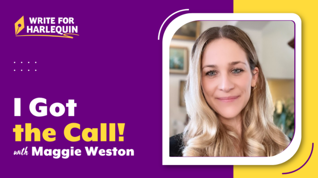 A purple and yellow graphic which reads I Got the Call with Maggie Weston. On the right, an author photo is in a white lined square block.