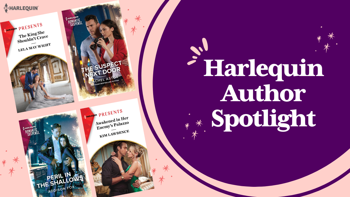 A pink and purple graphic which features four book covers on the left side and reads Harlequin Author Spotlight on the right.