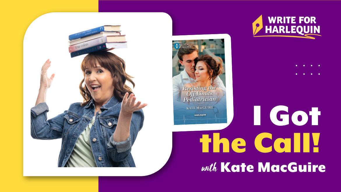 A purple and yellow graphic which features an author photo of Kate MacGuire on the left, and her book cover on the right. It reads I Got the Call with Kate MacGuire.