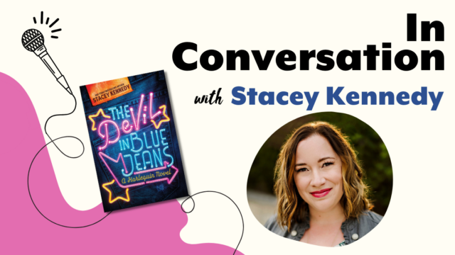 A pink duo tone graphic which features a microphone leading to the title, In Conversation with Stacey Kennedy. It features an author photo and book cover in the center.
