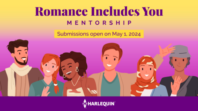 A yellow and pink illustrated graphic which features a group of diverse, cartoon people laughing. It reads Romance Includes You Mentorship: Submissions Open on May 1st 2024.