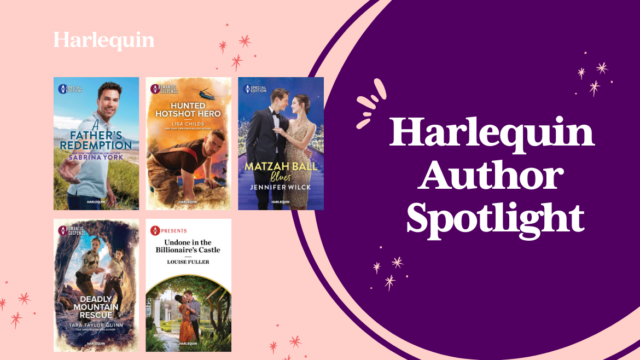 A pink and purple graphic features 5 book covers and a title reading Harlequin Author Spotlight