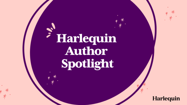 Harlequin Author Spotlight, purple spotlight on pink background.