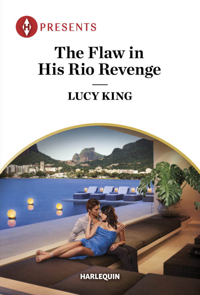 Cover for The Flaw in His Rio Revenge by Lucy King. Couple recline on a ritzy balcony overlooking a bay.