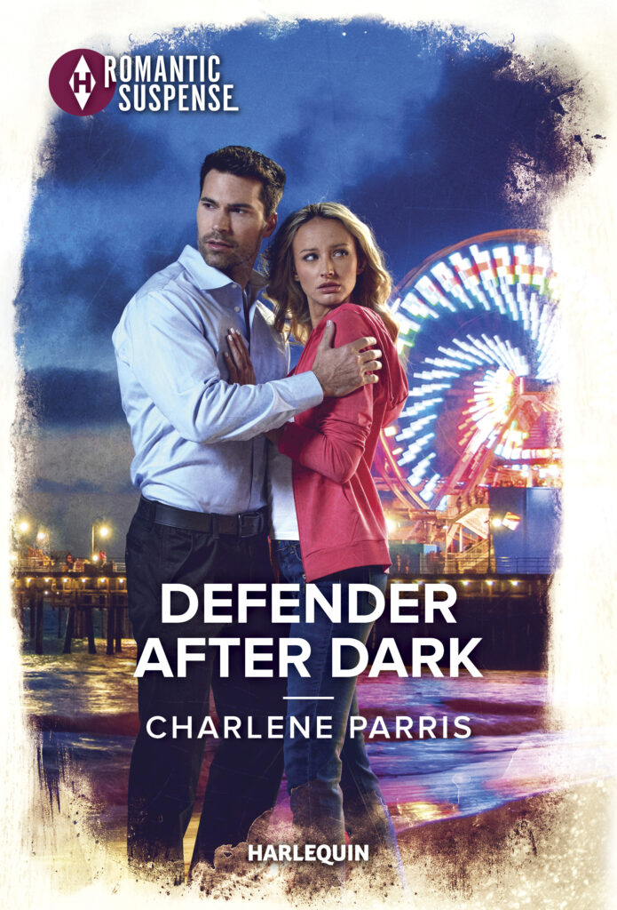 Cover for Defender After Dark by Charlene Parris. Worried couple stands with a theme park in the background.