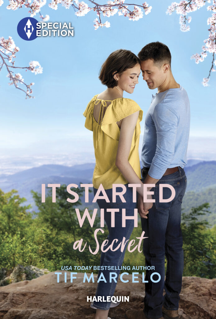 Cover for It Started With A Secret by Tif Marcelo. Smiling couple hold hands at a scenic lookout.