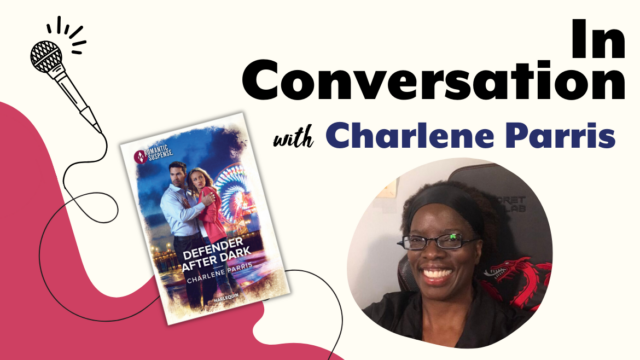 A pink and white graphic with an illustrated microphone on the left side with a book cover and author photo. It reads In Conversation with Charlene Parris in the top right corner.