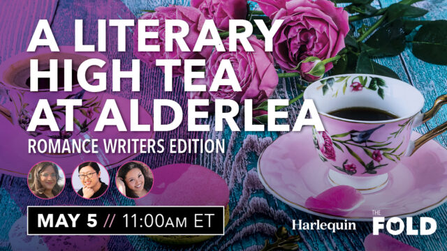 A photograph of blue and purple flowers with a tea cup on the right side. The words A Literary High Tea at Alderlea: Romance Writers Edition is overlaid on the top left